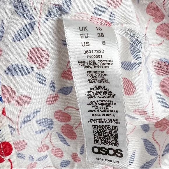 ASOS Linen Cherry Print Linen Mini Dress 6 Red White Blue - Picture 8 of 9